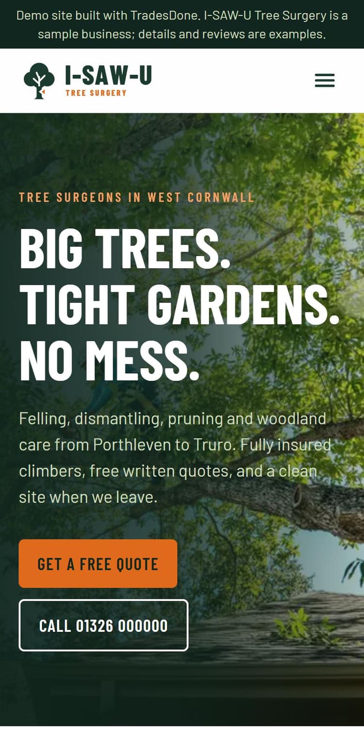 I-SAW-U Tree Surgery website on a phone