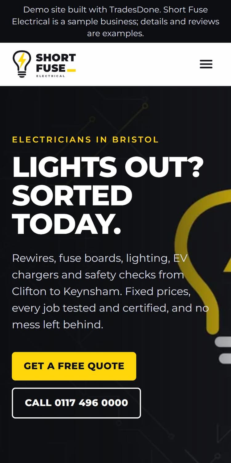 Short Fuse Electrical website on a phone